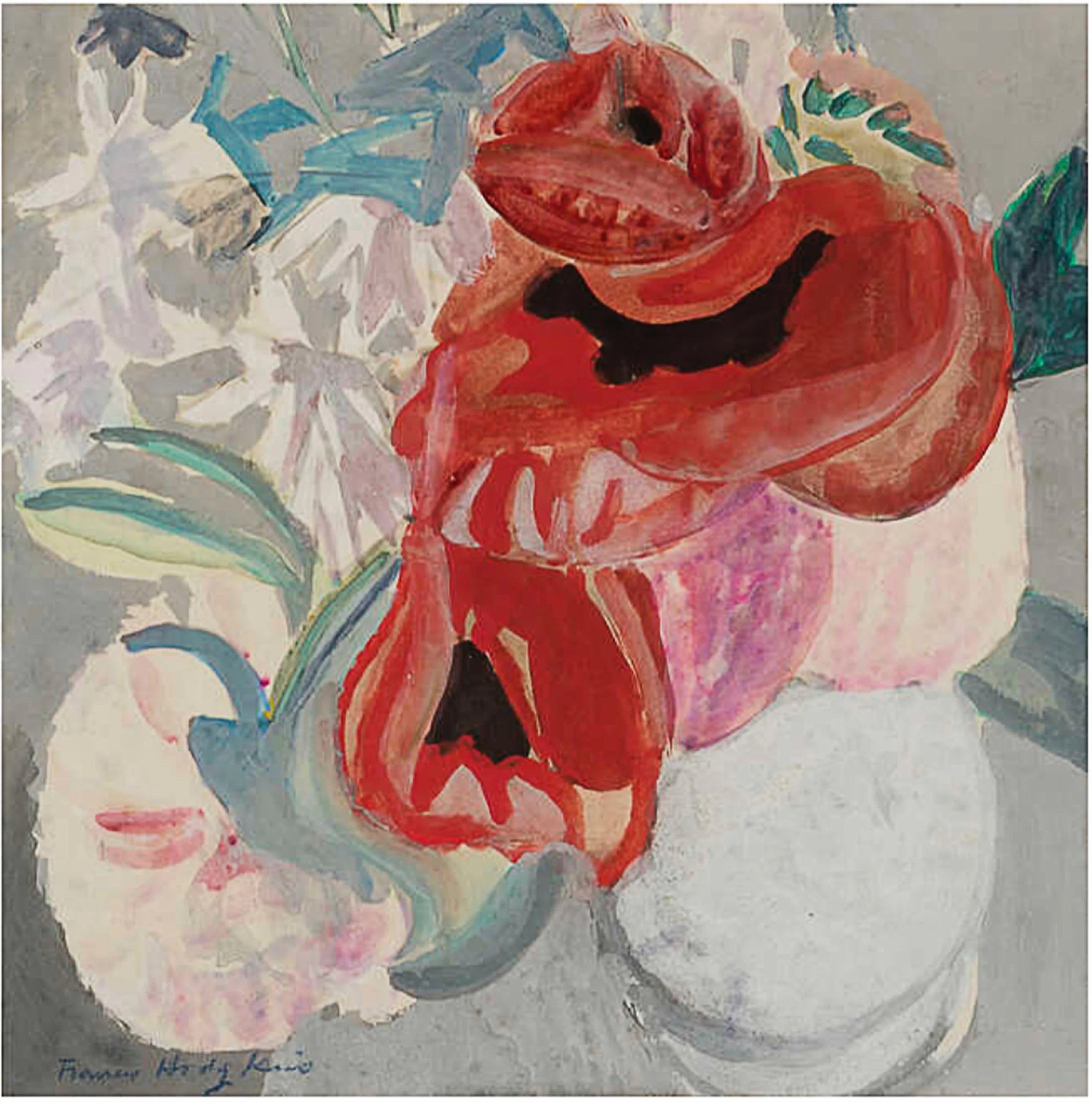 Frances Hodgkins(1869-1947) Still Life Study, c. 1930. Signed lower left Gouache on
paper, 32 x 32 cm. Courtesy Whitford Fine Art POA