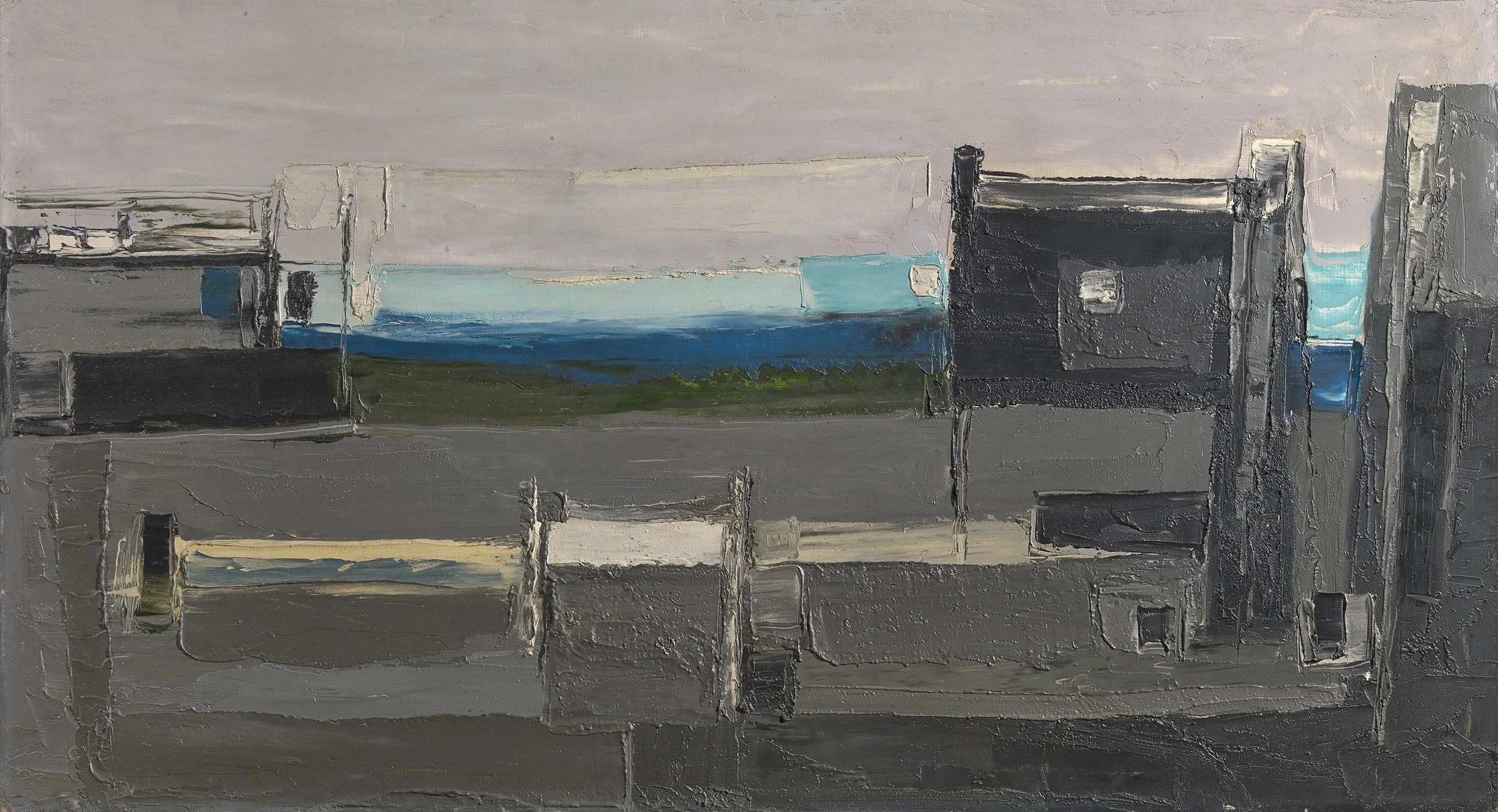 Paul Feiler (1918 - 2013), Evening Harbour, Low Tide, 1953. Oil on board, 50x92cm