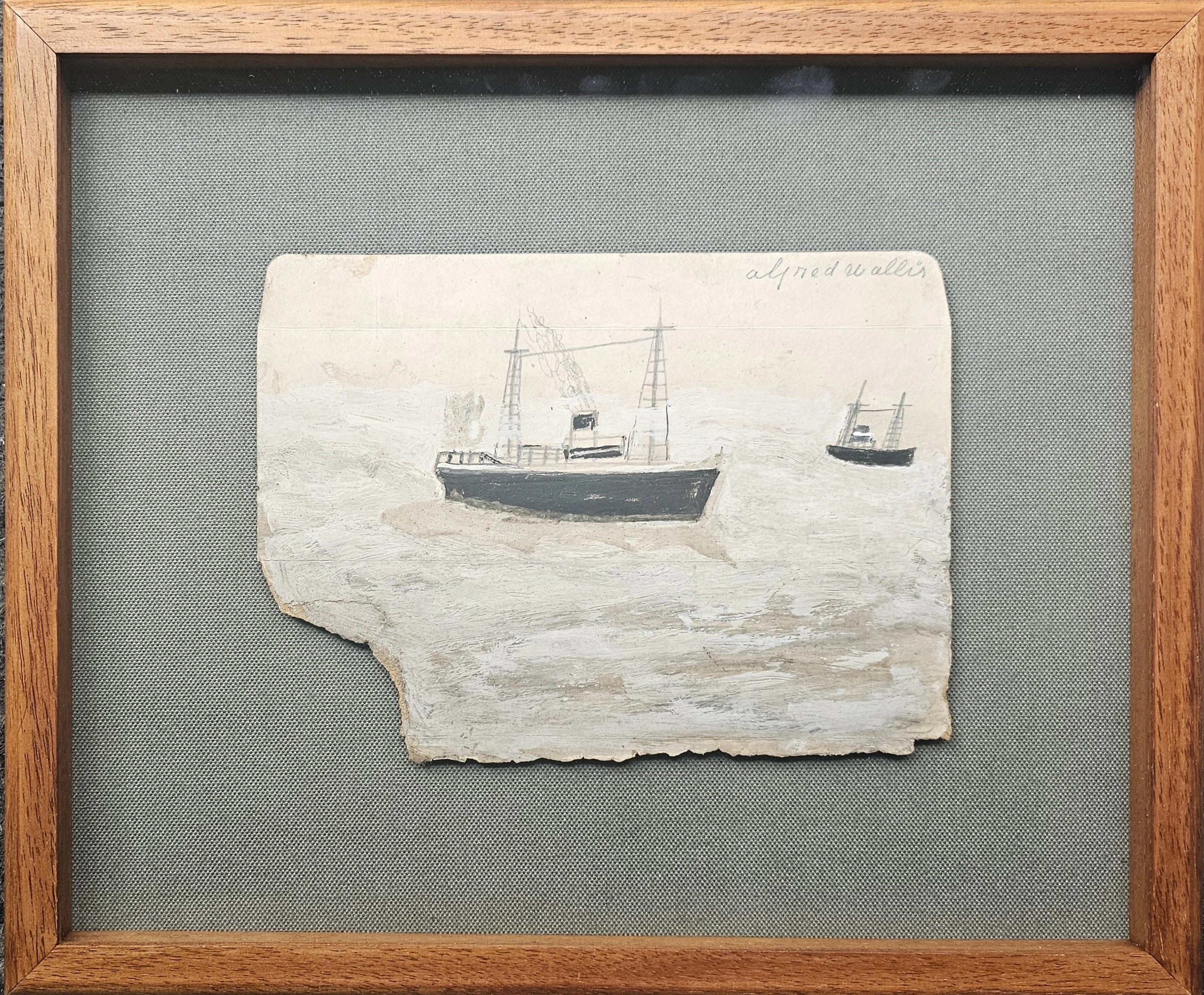 Alfred Wallis (1855 -1942), Trawlers Going Out to Sea. Pencil and oil on card, 15.8 x 22.9cm