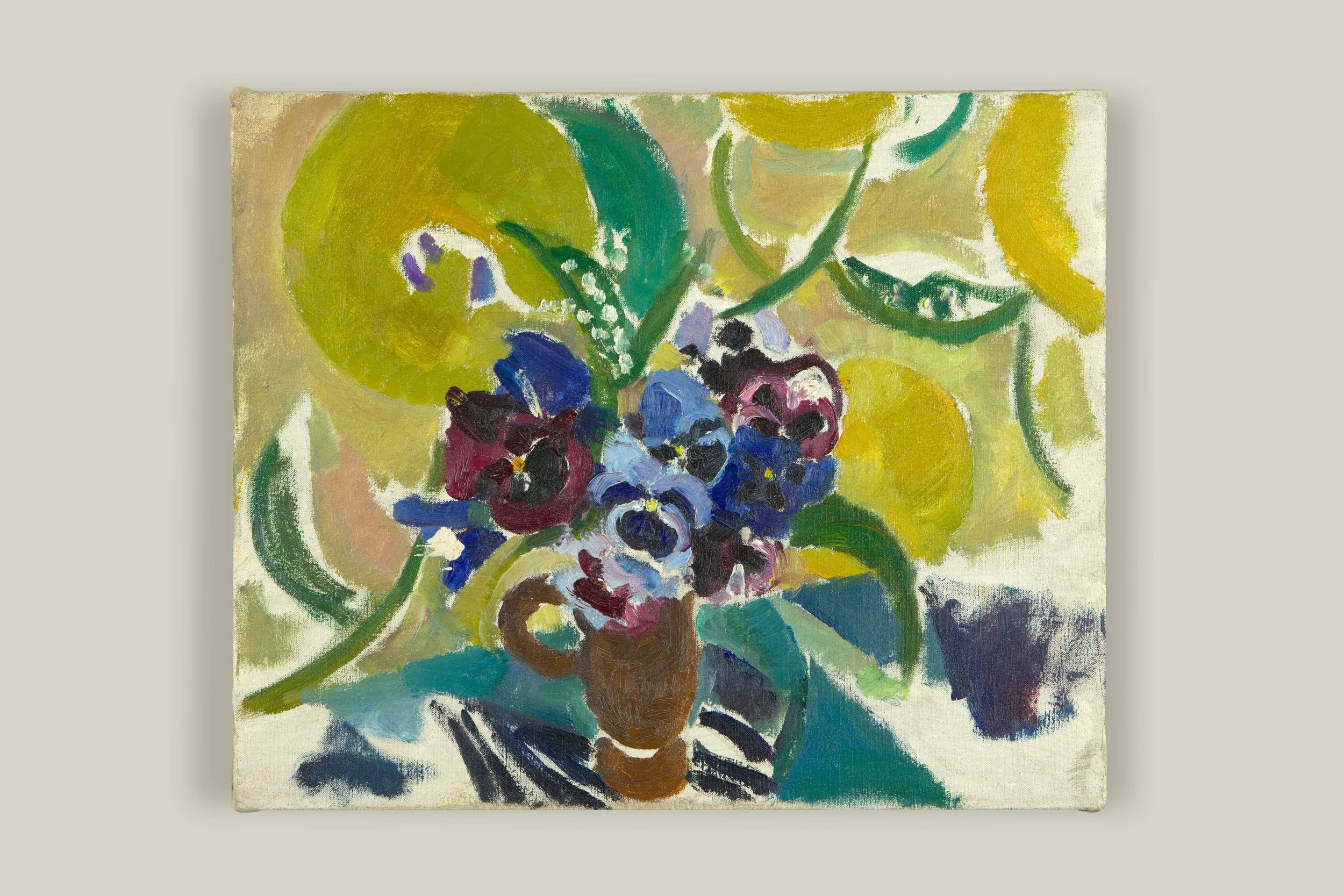 Mildred Bendall (1891-1977), Pansies, ca.1950. Oil on canvas, 35 x 42cm
