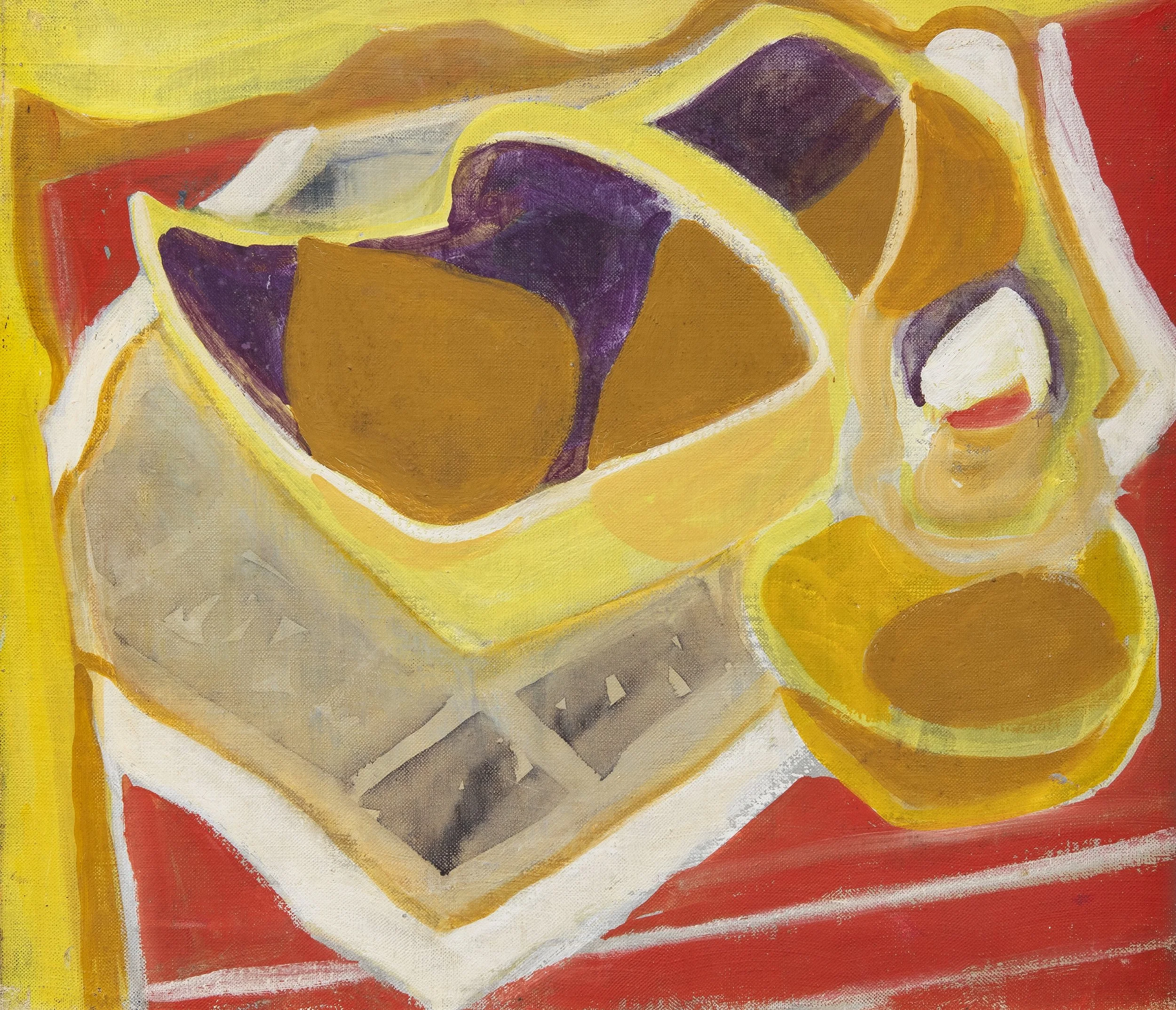 Margaret Mellis (1914 - 2009), Basket and Pears,  1954. Oil on canvas, 34 x 40cm