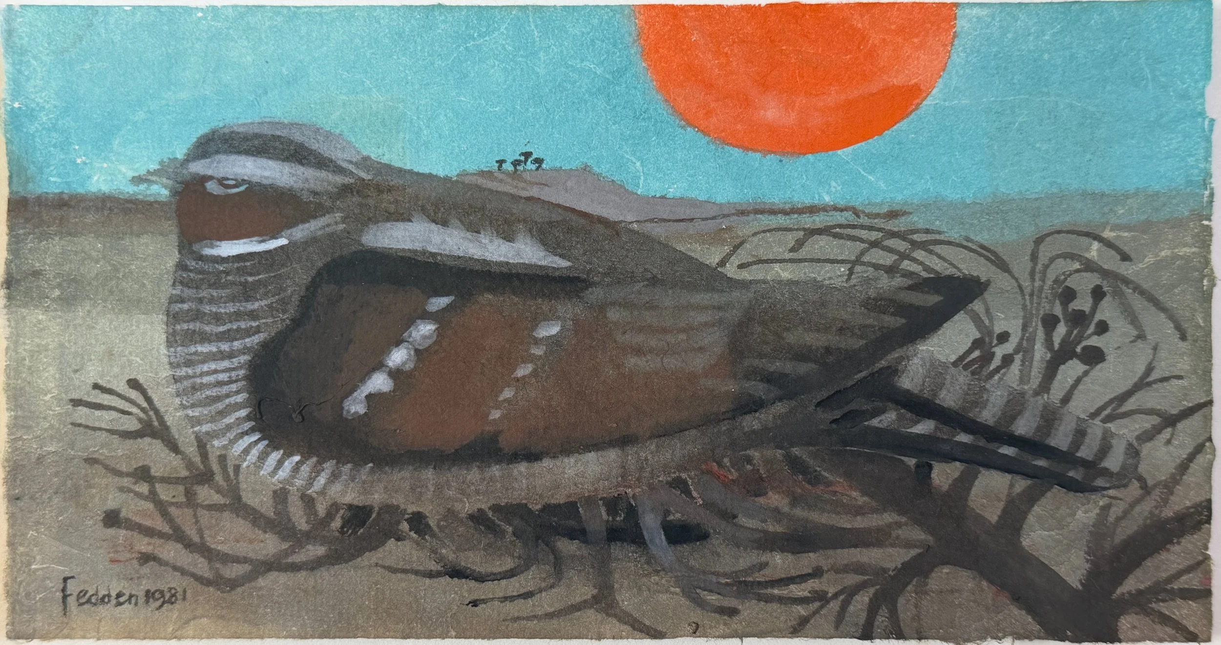 Mary Fedden, RA (1915-2012), Bird Nesting (Jamaican Poorwill), signed and dated 1981. Watercolour and gouache, 11.5 x 21.5 cm