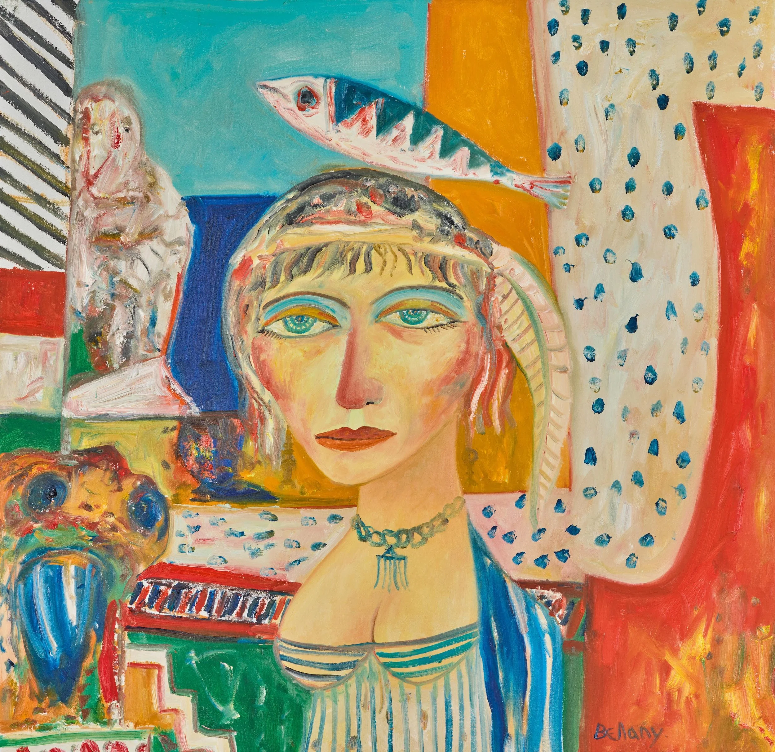 John Bellany (1942-2013), Girl with Blue Striped Dress. Oil on canvas, 91.5 x 91.5cm