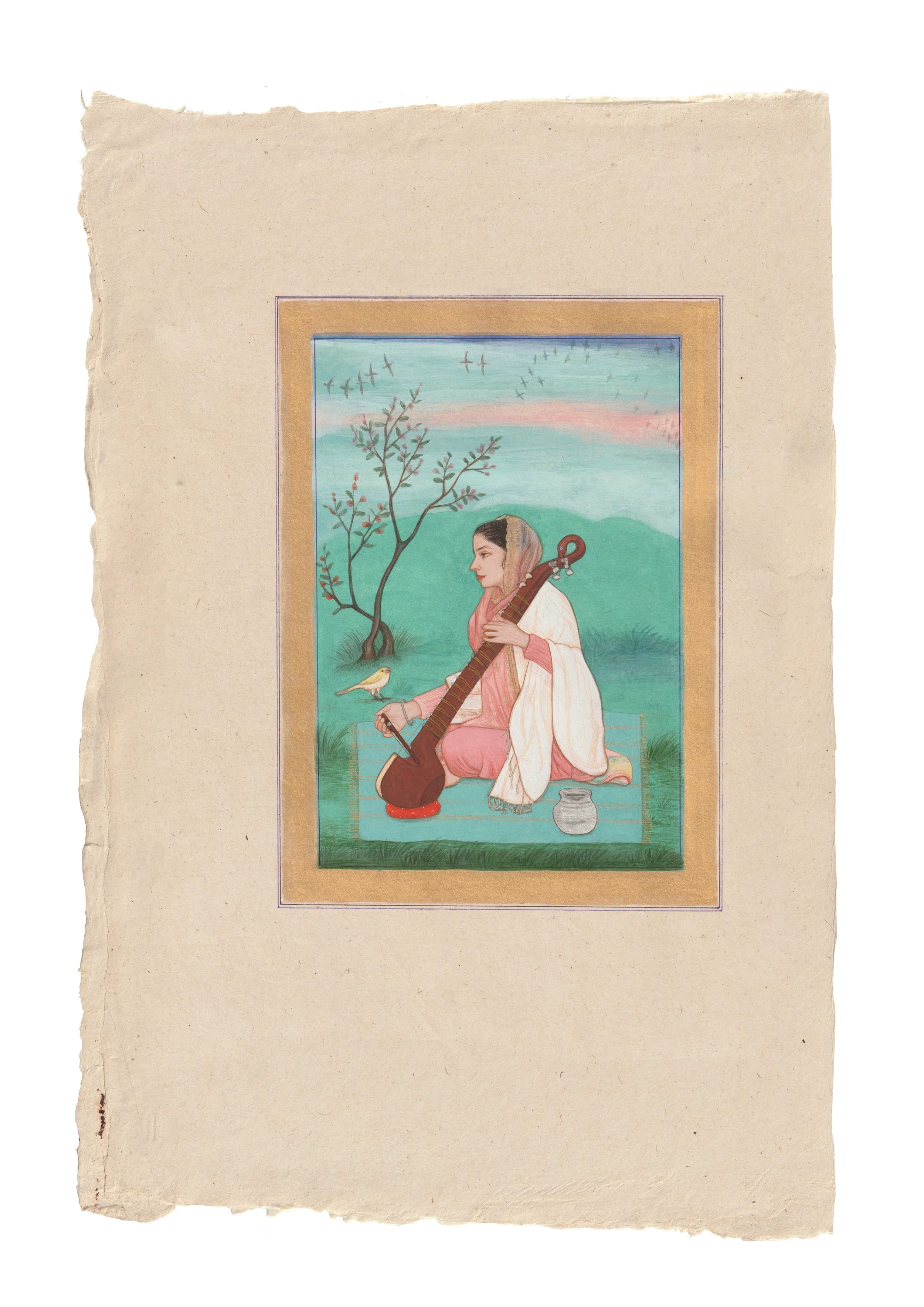 Jatinder Singh Durhailay, Raag Basant, 2026. Natural pigments heightened with gold on wasli paper, 35 x 22.5 cm