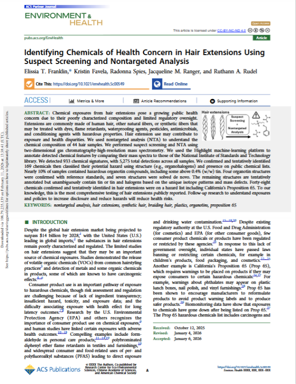Identifying Chemicals of Health Concern in Hair Extensions Using Suspect Screening and Nontargeted Analysis