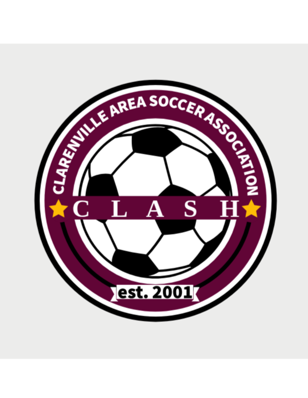 Logo for Clarenville Area Soccer Association with a black and white soccer ball, the word 'CLASH' in the center, two yellow stars on either side, and 'est. 2001' at the bottom.