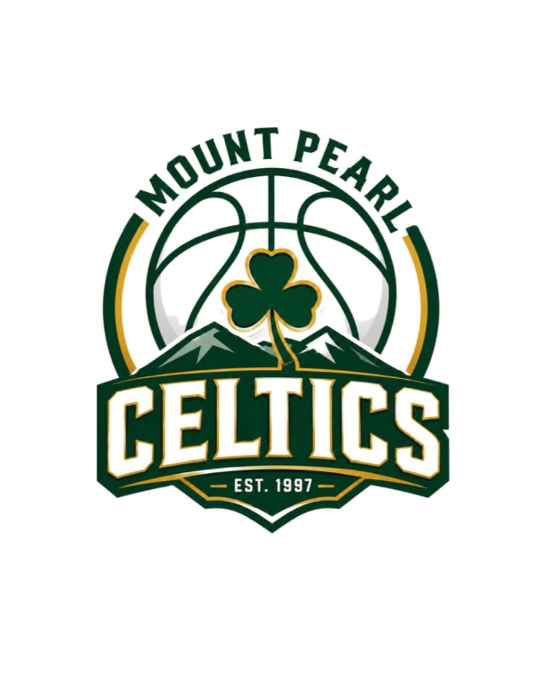 A logo with a green basketball and a four-leaf clover in the center, with the words 'Mount Pearl Celtics' in green text.