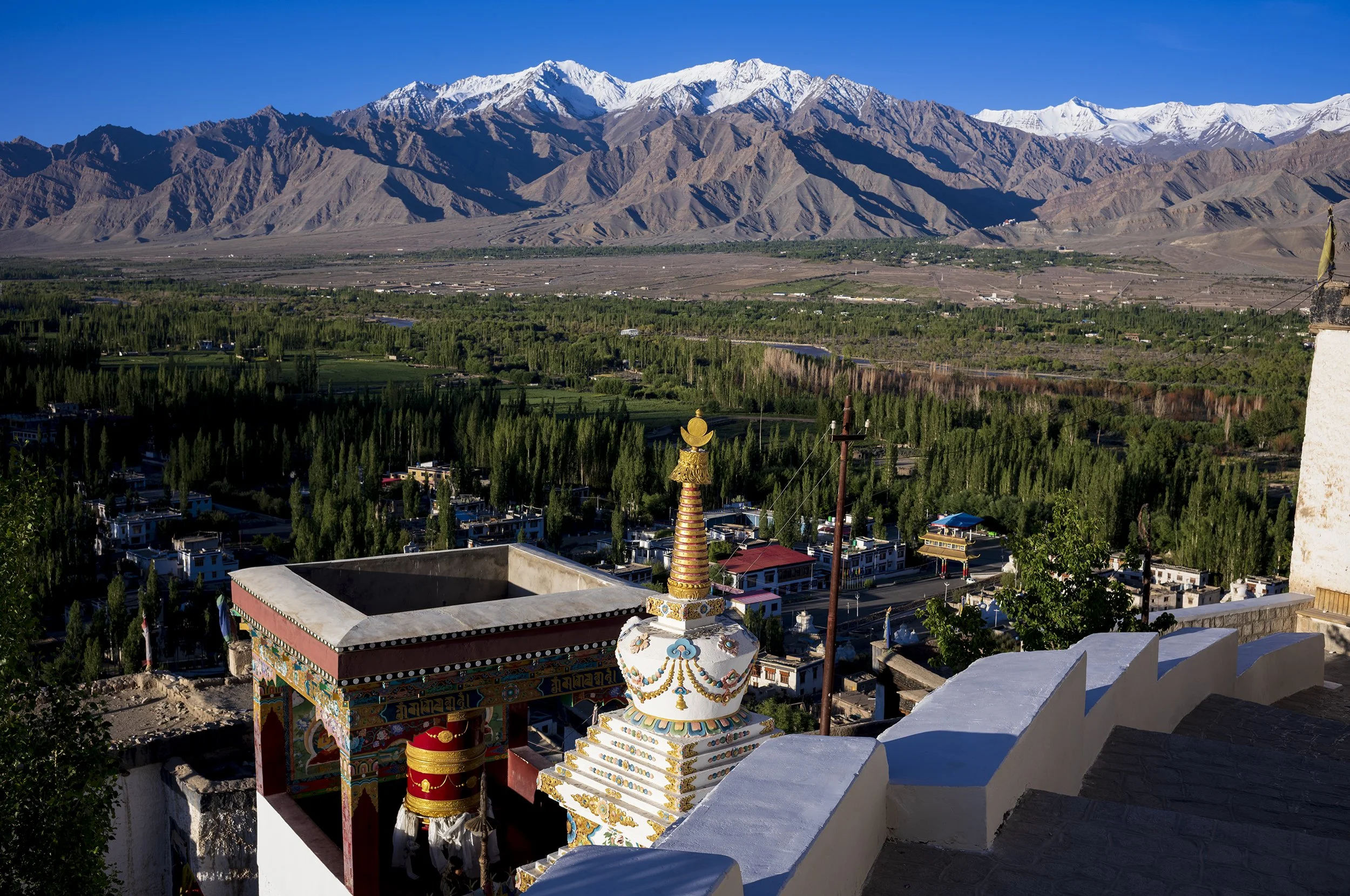 View from Thiksey monastery, and the Ladakh Range mountain range