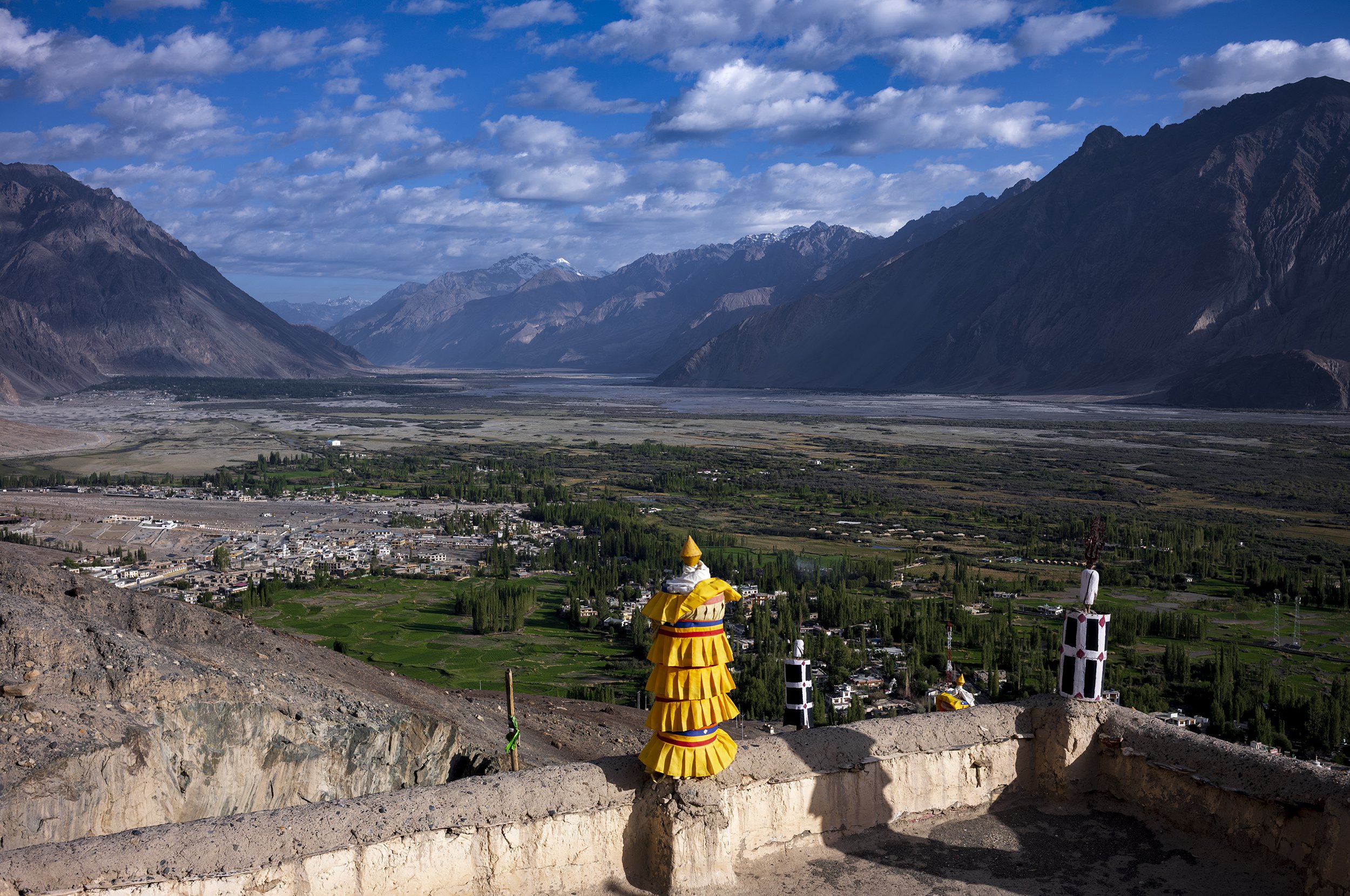 View from Diskit Monastery down the Indus Valley in Ladakh at 3600m.  Overlooked by the Stok mountain range rising to an altitude of 6,153m at Stok Kangri