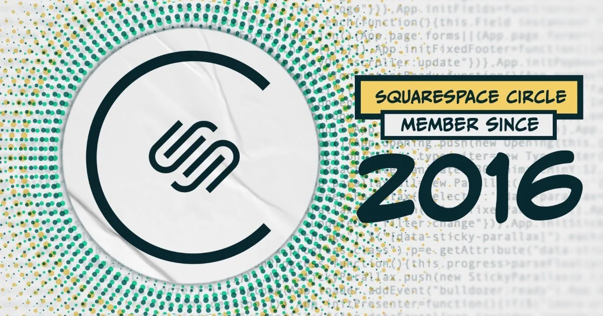 Squarespace circle logo with text indicating member since 2016, colorful dotted background, overlaid with coding text.