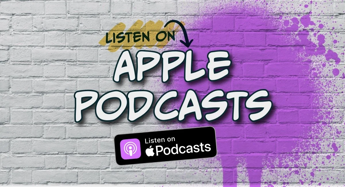 A sign on a white brick wall promoting listening to Apple Podcasts, with purple paint splashes and a black podcast icon with the Apple Podcasts logo.