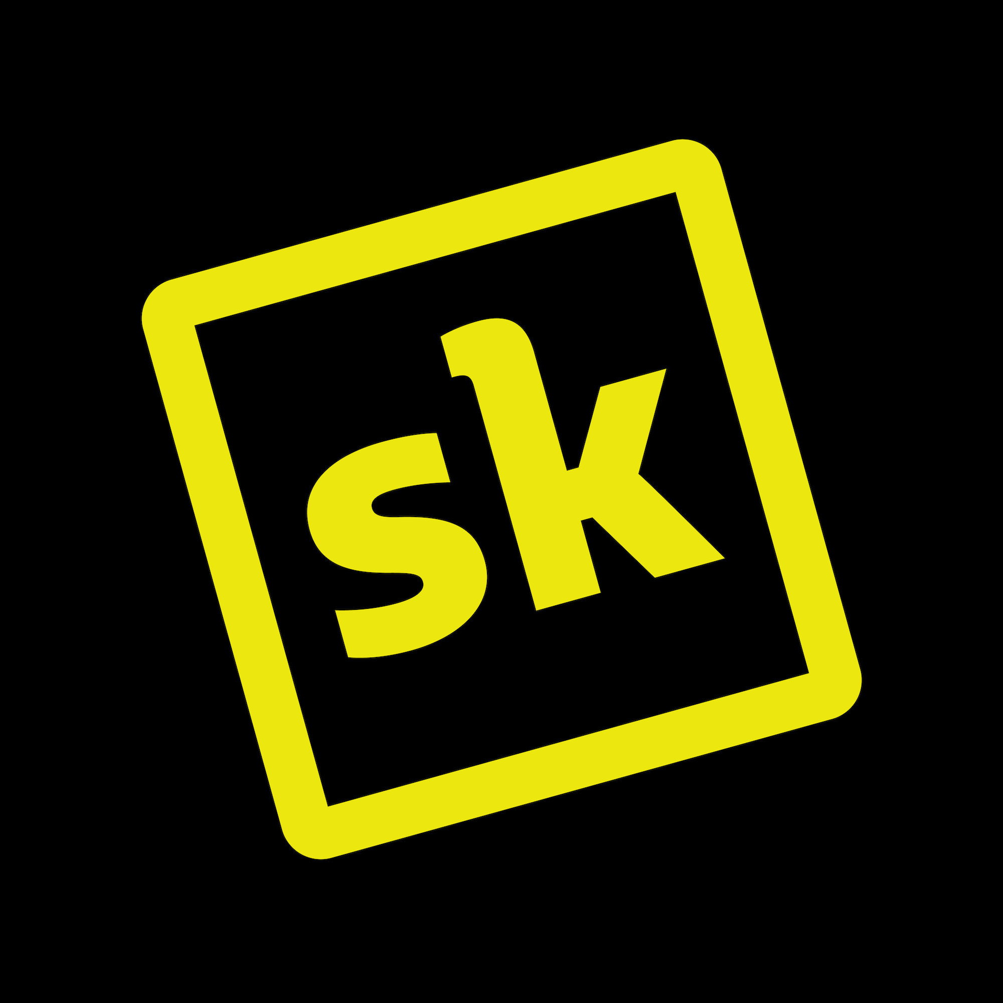 Yellow "sk" logo inside a tilted square on a black background.