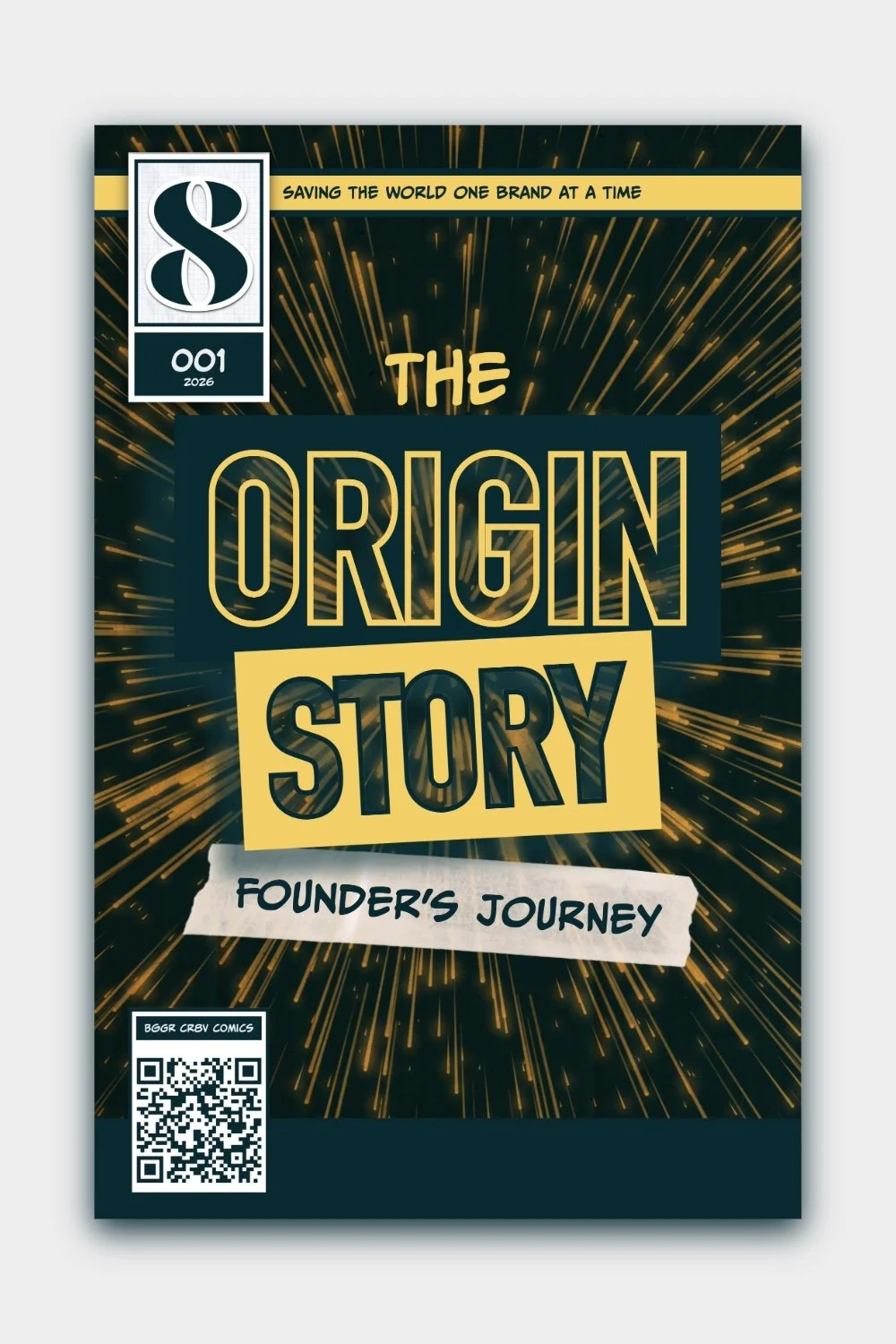 Cover of a comic book titled 'The Origin Story: Founder's Journey' with a black background and yellow accents, including a QR code at the bottom left.