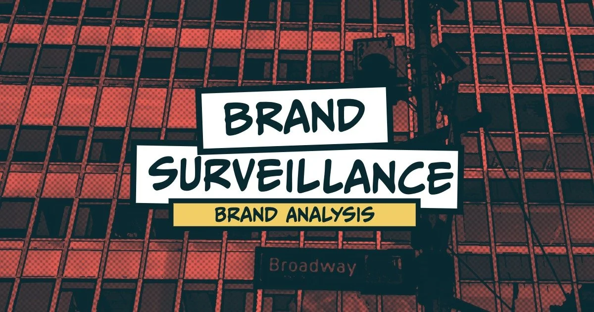 A street sign on a tall building with a grid-like facade, featuring three overlapping signs: 'BRAND', 'SURVEILLANCE', and 'BRAND ANALYSIS' in black text on white and yellow backgrounds.