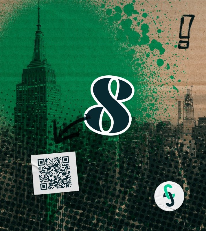 Green and beige urban cityscape with the Empire State Building visible. Large white number 8 with a checkmark, a QR code, and a stylized 'S' icon.