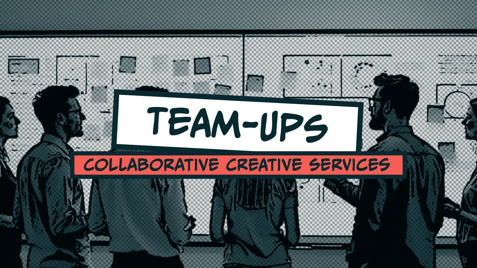 Illustration showing people in business attire talking to each other in an office environment. There is a sign that says 'Team-Ups' and underneath, a red banner that reads 'Collaborative Creative Services.'
