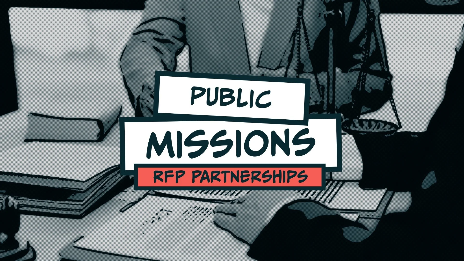 Illustration promoting public missions and RFP partnerships, featuring a person working at a desk with a computer and books.