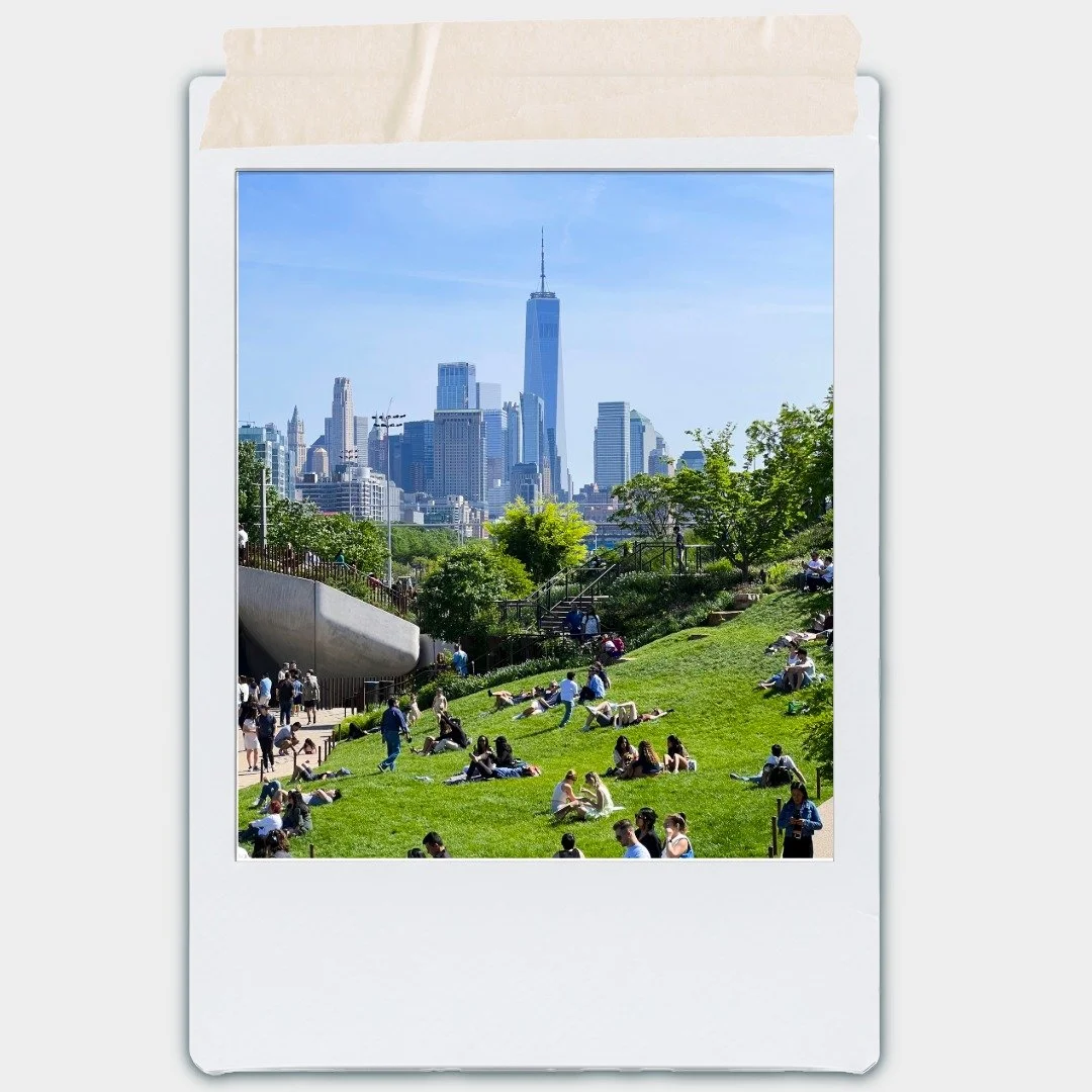 Urban park filled with people relaxing on green grass, with New York City skyline including One World Trade Center in the background on a clear sunny day.