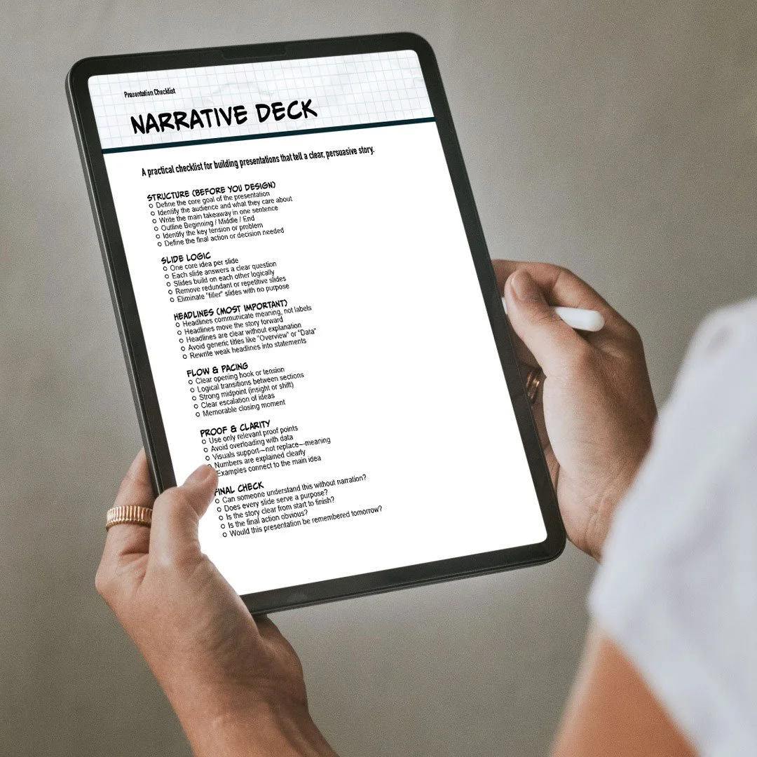 Digital tablet displaying a presentation checklist titled 'Narrative Deck' with sections on structure, slide logic, headlines, flow and pacing, proof and clarity, and final check.