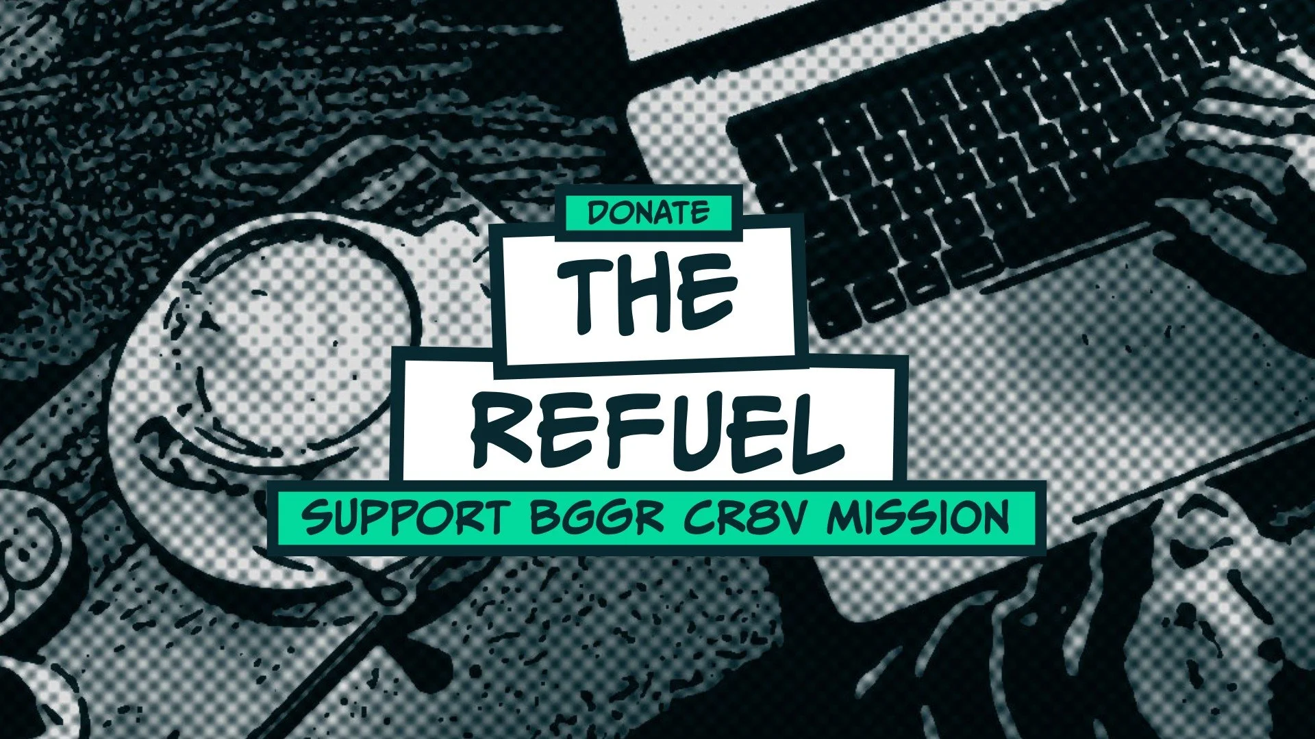 A graphic promoting donations to support an organization, with text that says 'Donate The Fuel Support BGR CRBV Mission' over a background of vehicle parts, including a tire, engine parts, and a pedal.