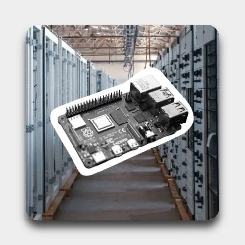 A Raspberry Pi single-board computer floating in a data center with server racks in the background.