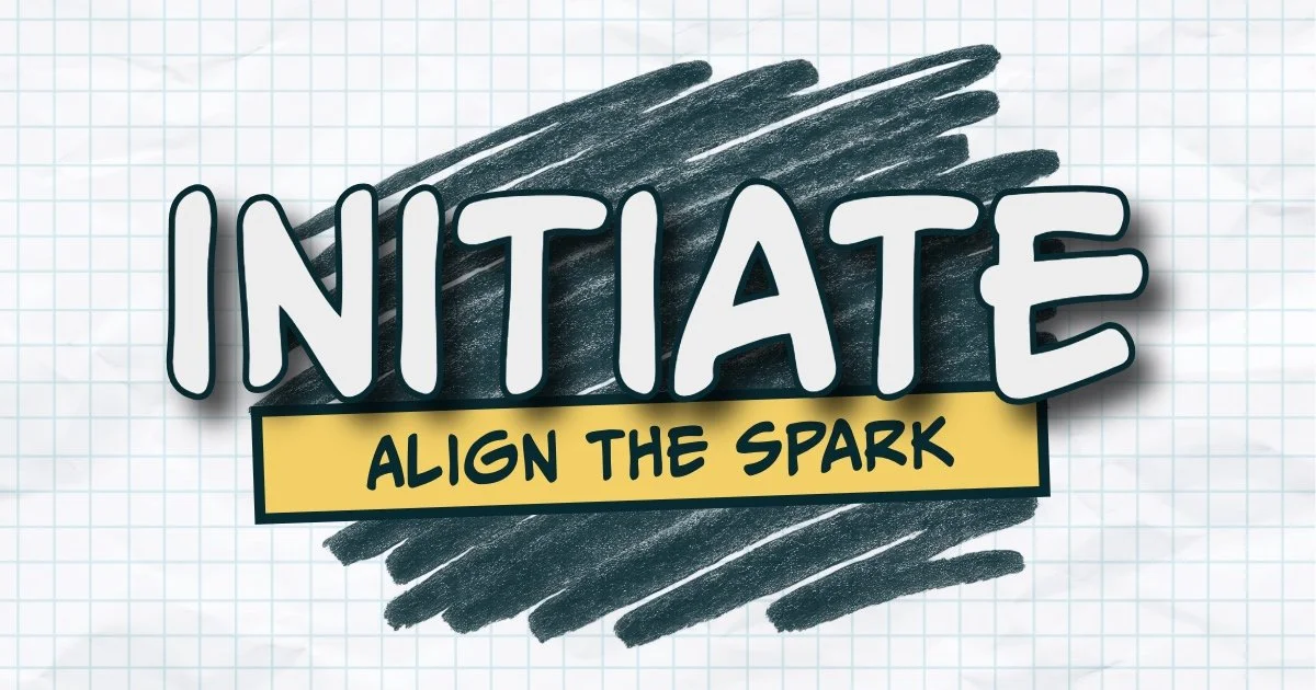 Text reading "Initiate" with the slogan "Align the Spark" on a grid paper background, with black chalk-like strokes behind the word.