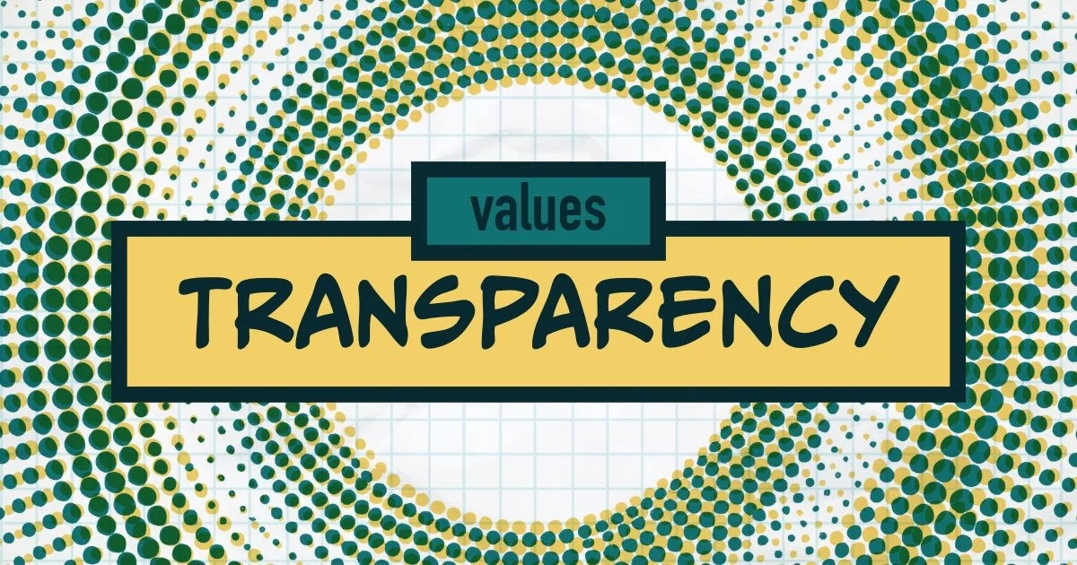 Graphic with a dotted circular pattern in green, yellow, and white, featuring a rectangle in the center with the word "values" and the word "TRANSPARENCY" prominently displayed.