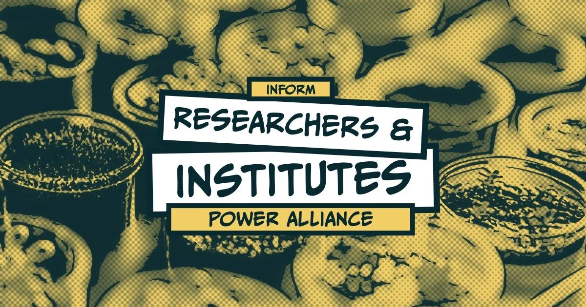 Text overlay on a comic-style background with images of bowls and bowls of spices, reading 'Inform Researchers & Institutes Power Alliance'.