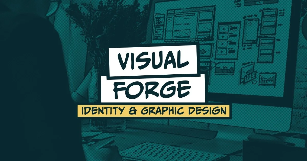 A graphic with the text 'Visual Forge' and 'Identity & Graphic Design' in front of a computer screen displaying a digital design layout.