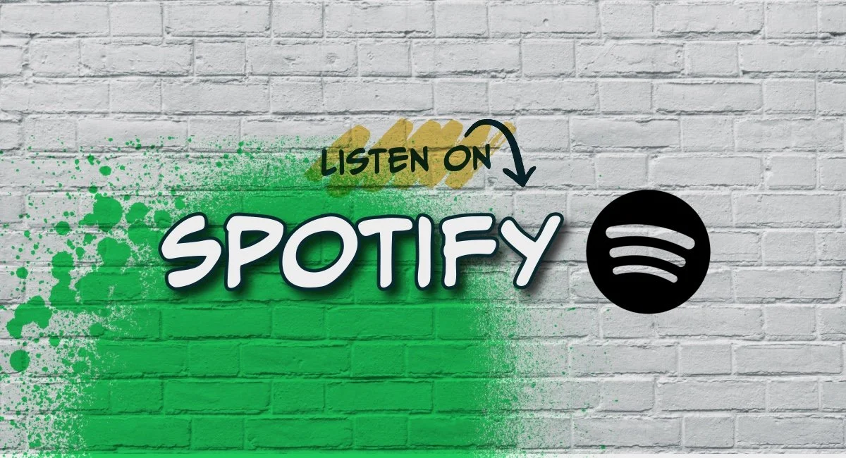 Graffiti on a white brick wall with a green spray paint background, featuring the Spotify logo and the words "Listen on Spotify" with an arrow pointing to the logo.