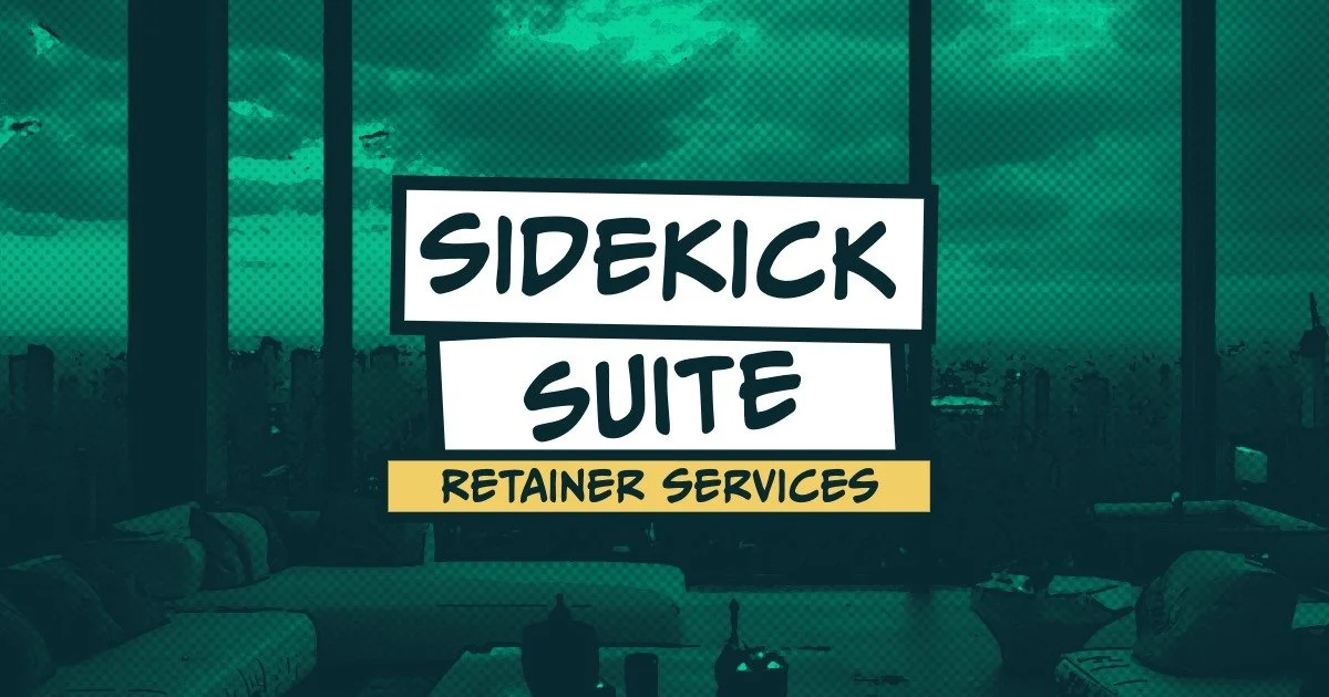 Sign for 'Sidekick Suite' with the subtitle 'Retainer Services' in a city skyline view from an indoor lounge area with couches and pillows.