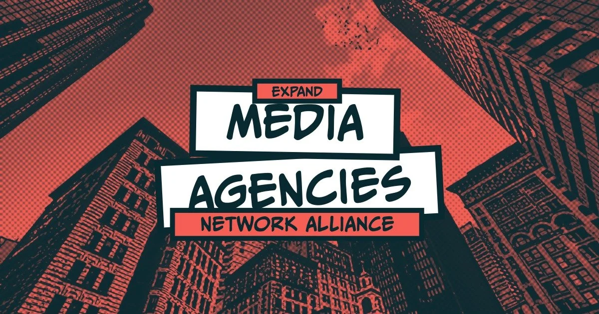 Stylized graphic of city skyscrapers in black and red with text overlay promoting expanding media agencies and network alliance.