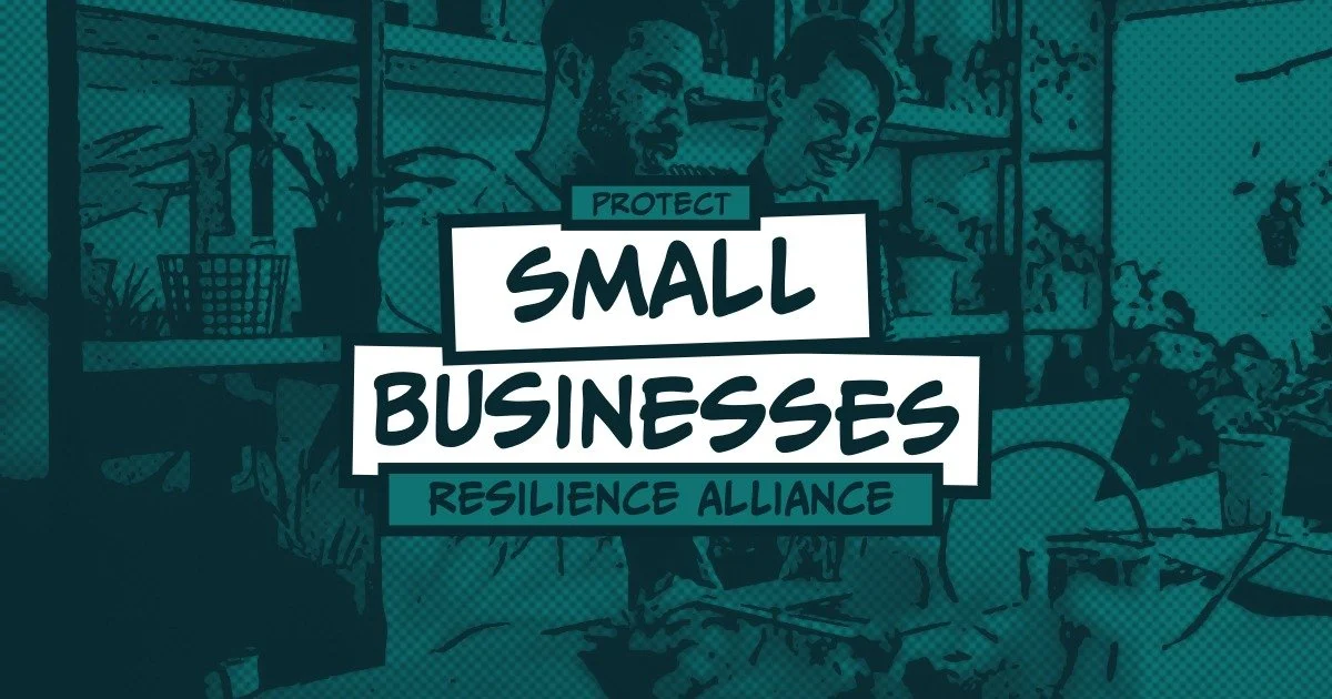 Two people smiling at a small business setting with shelves and plants in the background, overlaid with text that reads 'Protect Small Businesses Resilience Alliance.'