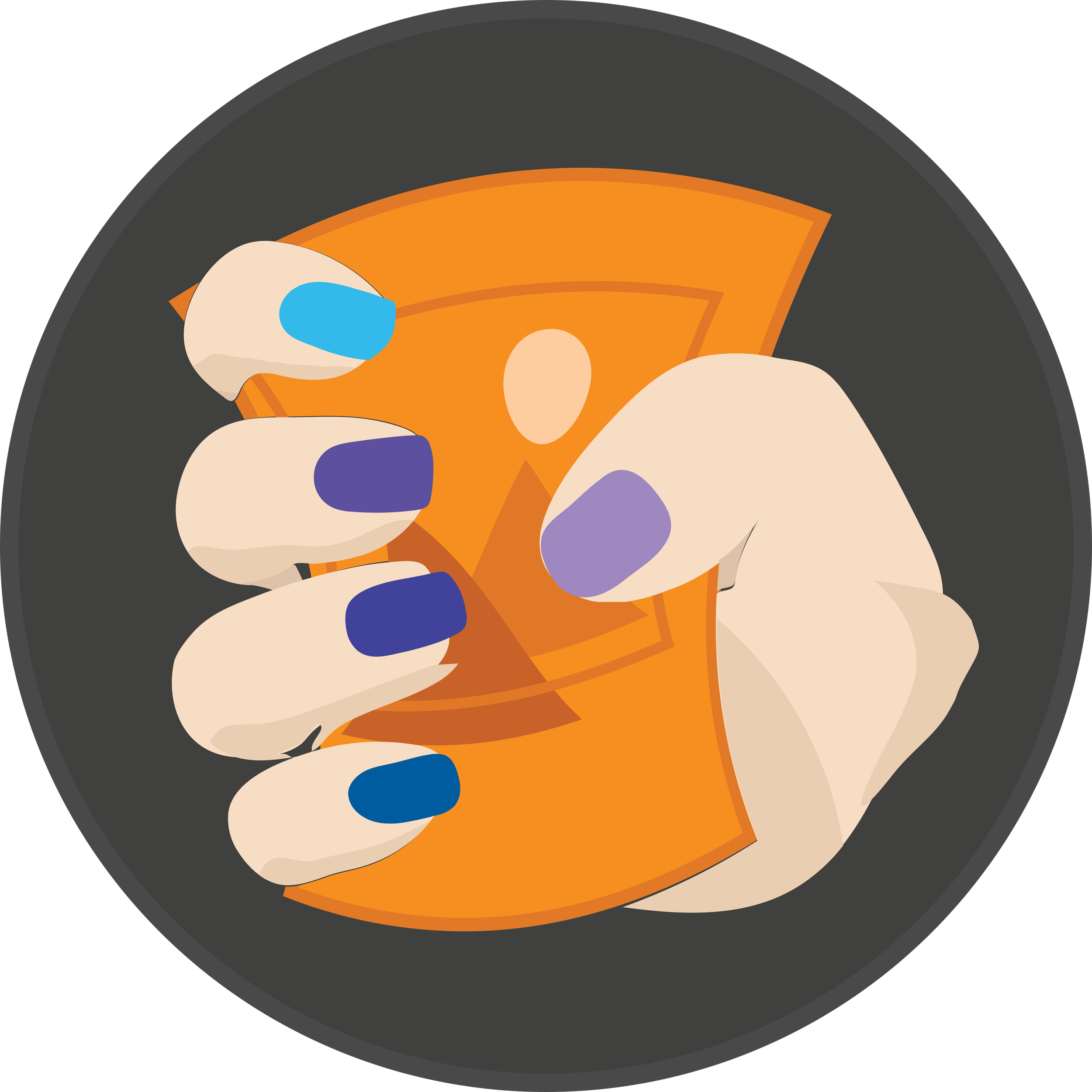 Illustration of a hand with colorful nails holding an orange card with graphic elements. The background is dark gray.