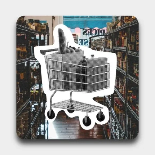 A shopping cart with a hat inside, superimposed over the aisle of a store with shelves stocked with products.