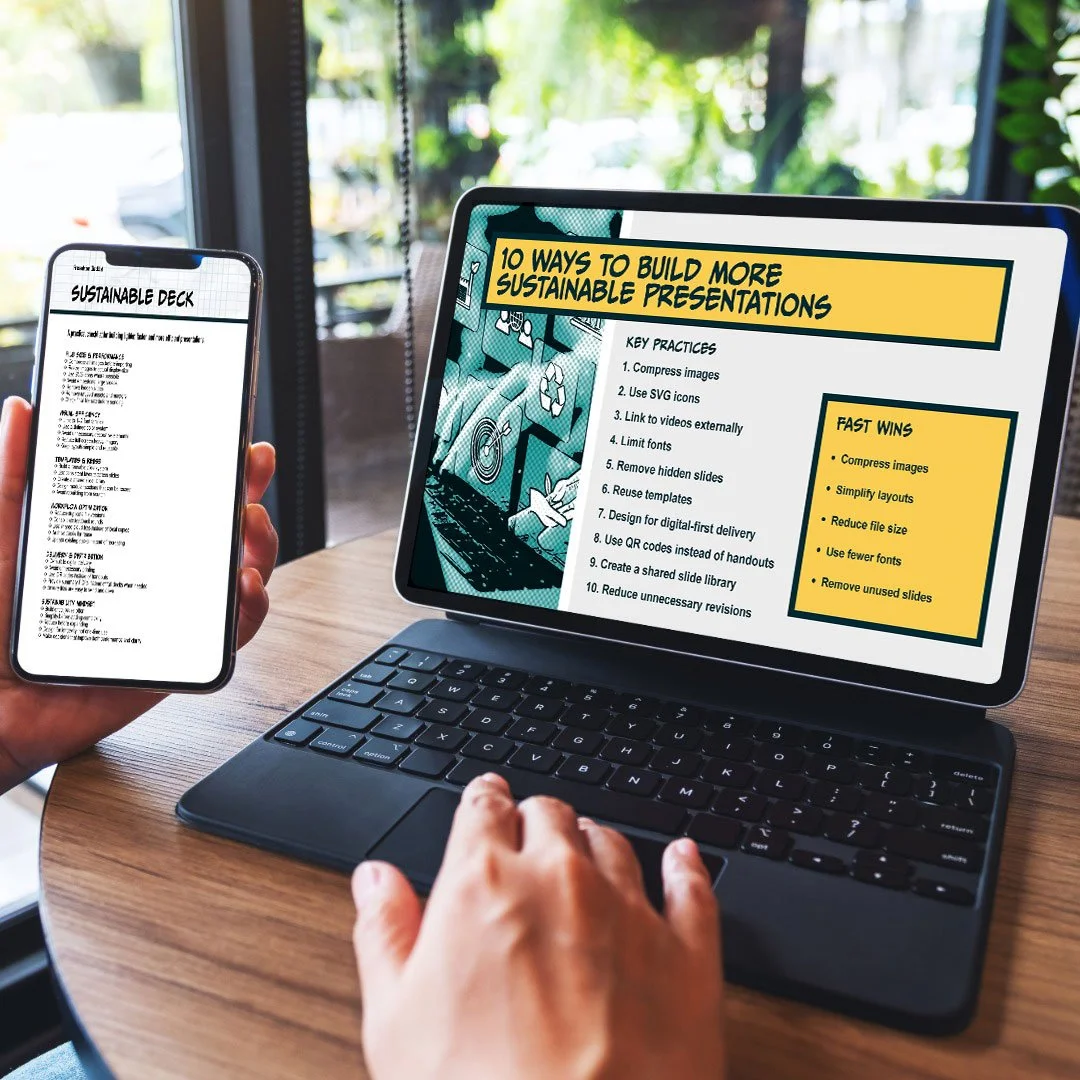 A person holding a smartphone with a document titled 'Sustainable Deck' in front of a tablet displaying a presentation slide titled '10 Ways to Build More Sustainable Presentations'.