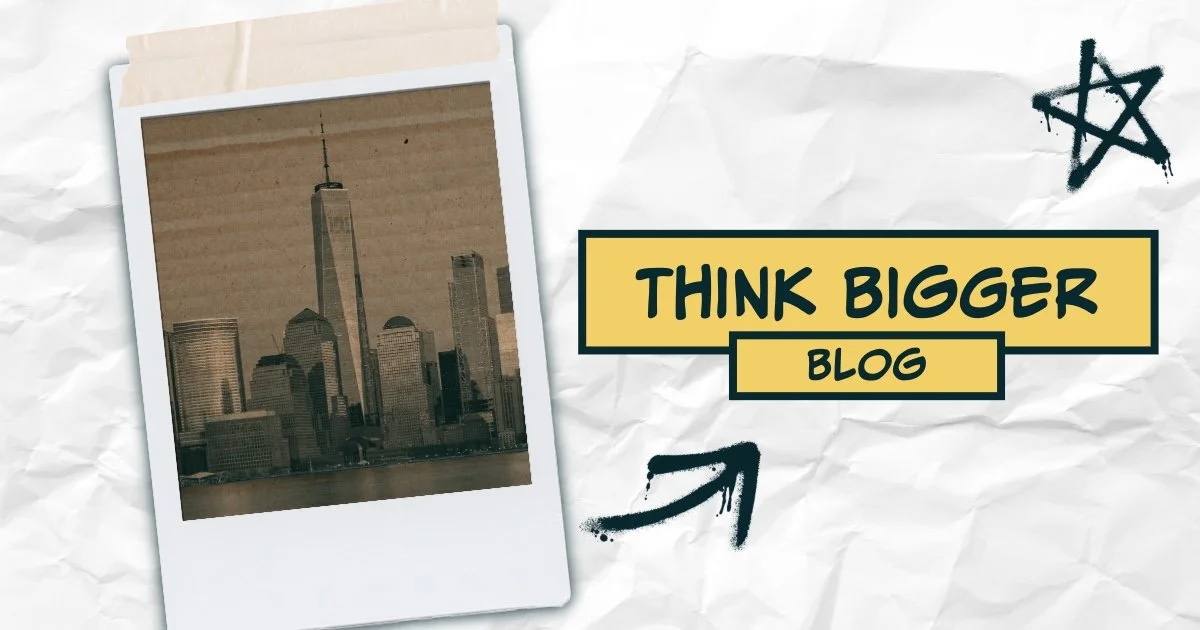 A crumpled white paper background with a Polaroid photo of the New York City skyline, including One World Trade Center. The photo is taped at the top with a piece of masking tape. There are handwritten black doodles, an arrow pointing to the photo, a
