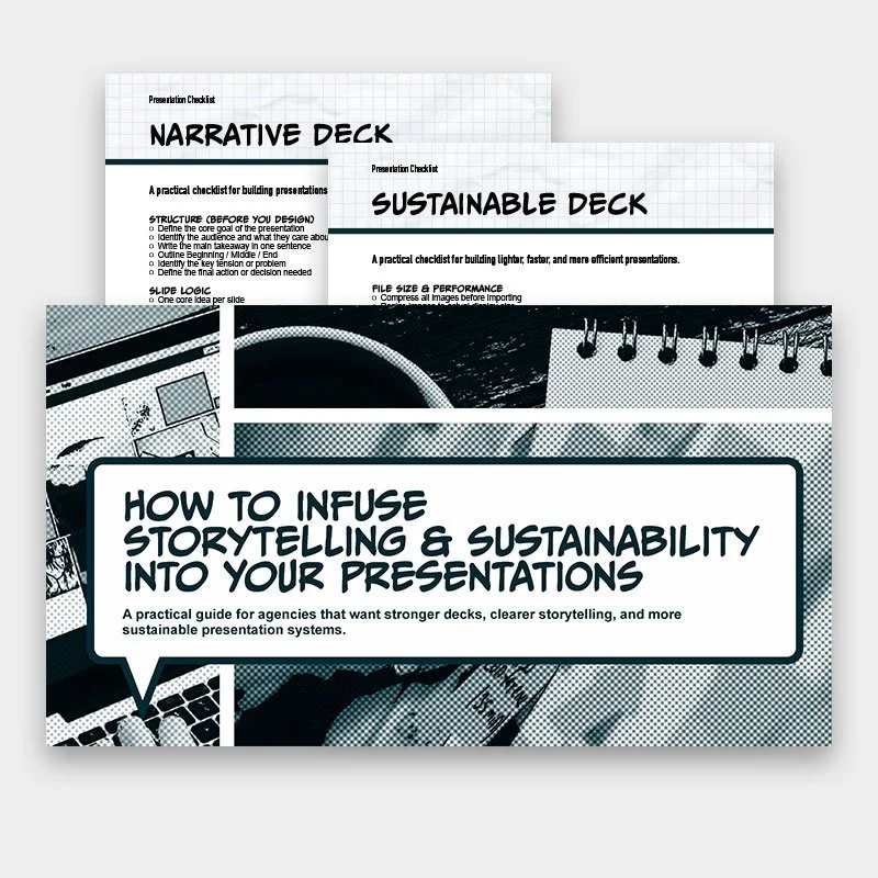 Cover page of a guide titled "How to Infuse Storytelling & Sustainability into Your Presentations" with a subtitle about creating stronger decks and clearer storytelling
