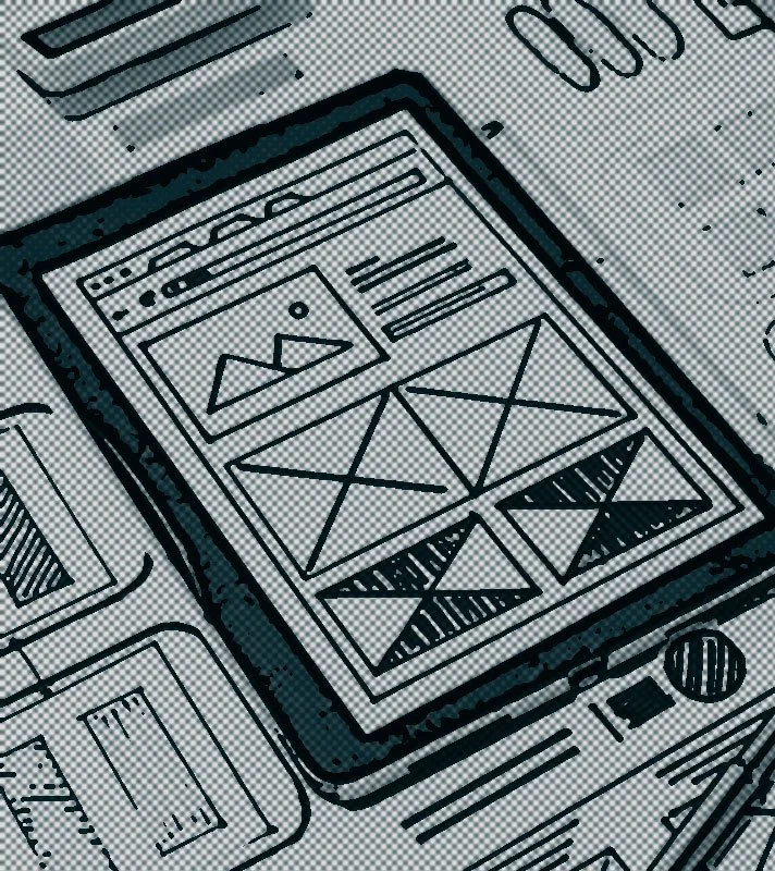 Sketch of a smartphone displaying a website wireframe with image, text blocks, and image placeholders