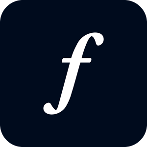 White lowercase letter 'f' on a dark blue background