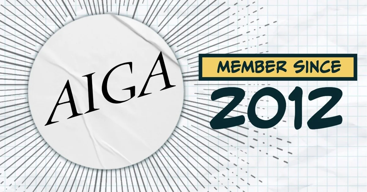 A badge with the letters "AIGA" surrounded by radiating lines, next to a sign that reads "Member Since 2012" on a grid-patterned background.