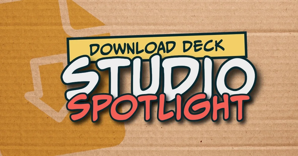 Colorful logo with text 'Download Deck Studio Spotlight' on a cardboard background.