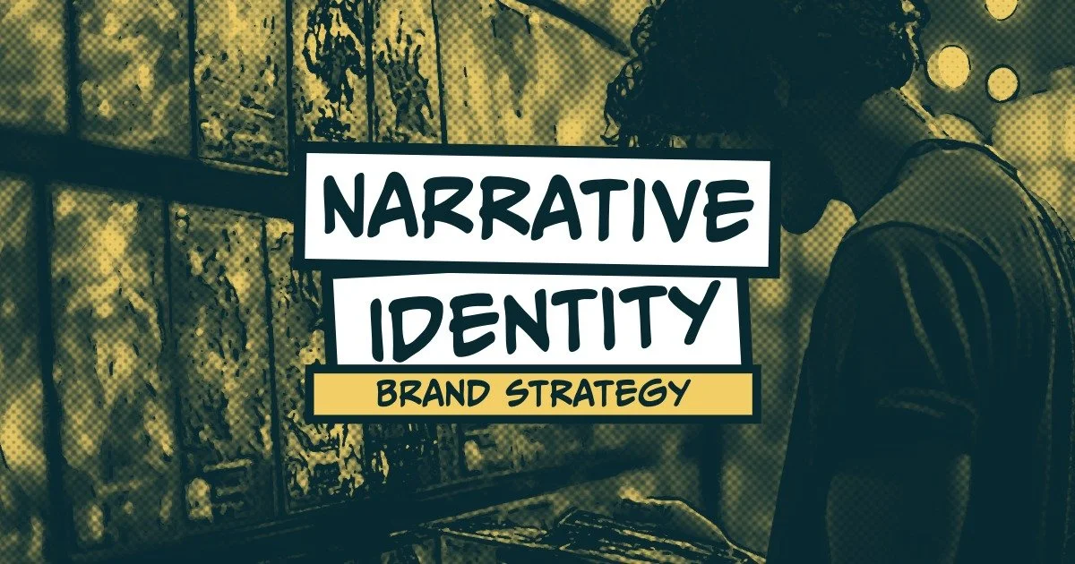 A person with curly hair, viewed from the side, looking at a window with a reflection. Overlaid text reads 'Narrative Identity' and 'Brand Strategy'.