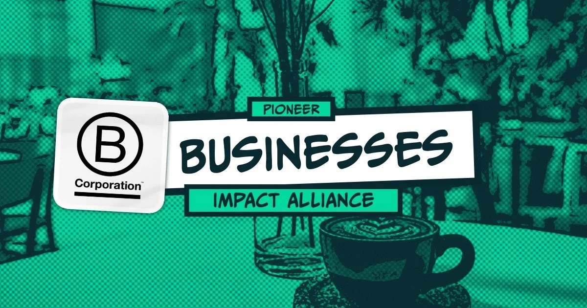 Illustrated logo for Business Impact Alliance with a coffee cup in a cafe setting.