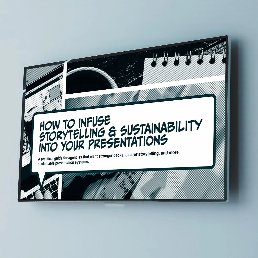 A presentation slide titled 'How to Infuse Storytelling & Sustainability Into Your Presentations' with a subtitle about strengthening decks and clearer storytelling, displayed on a screen.
