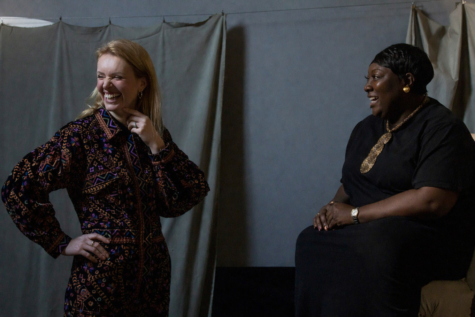 caroline & lady phyll laughing in studio