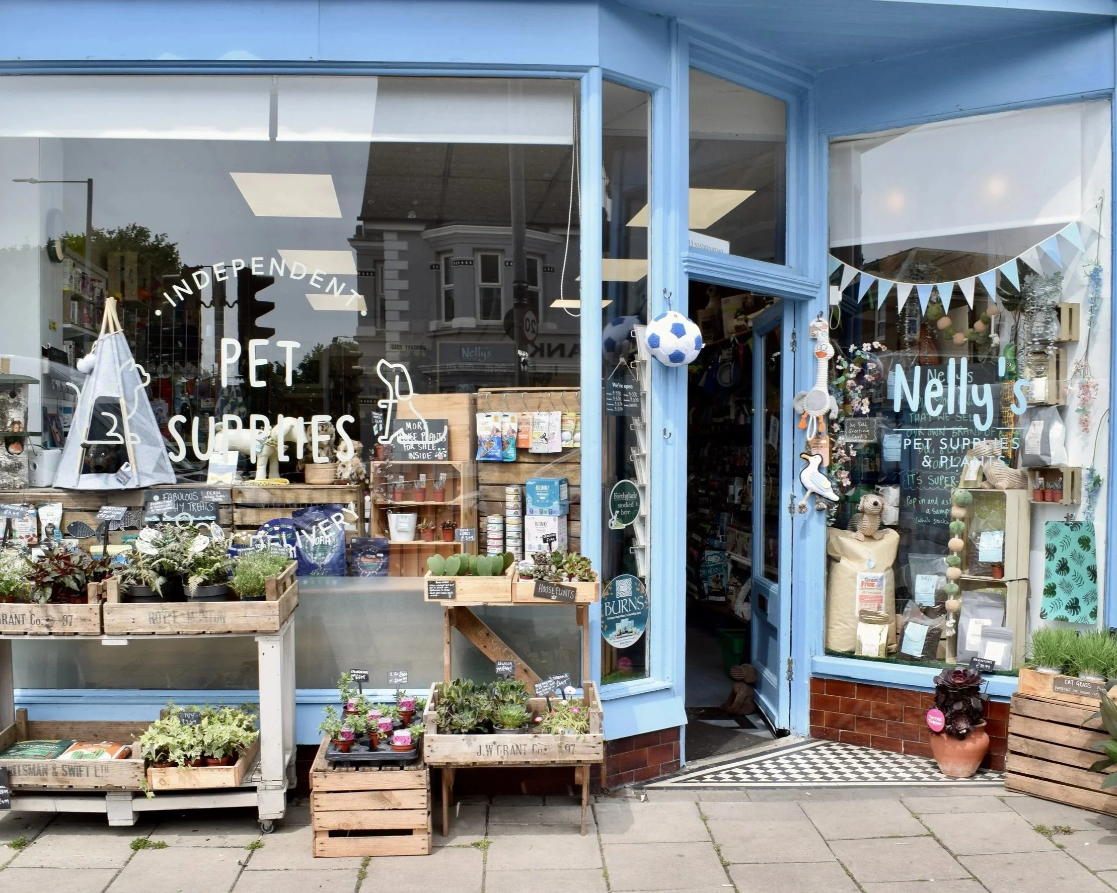 Storefront of Nelly's, a pet supplies and plants shop, with wooden crates of plants outside, through the shop windows there is a cat bed, cat and dog toys and food alongside other pet supply products for sale