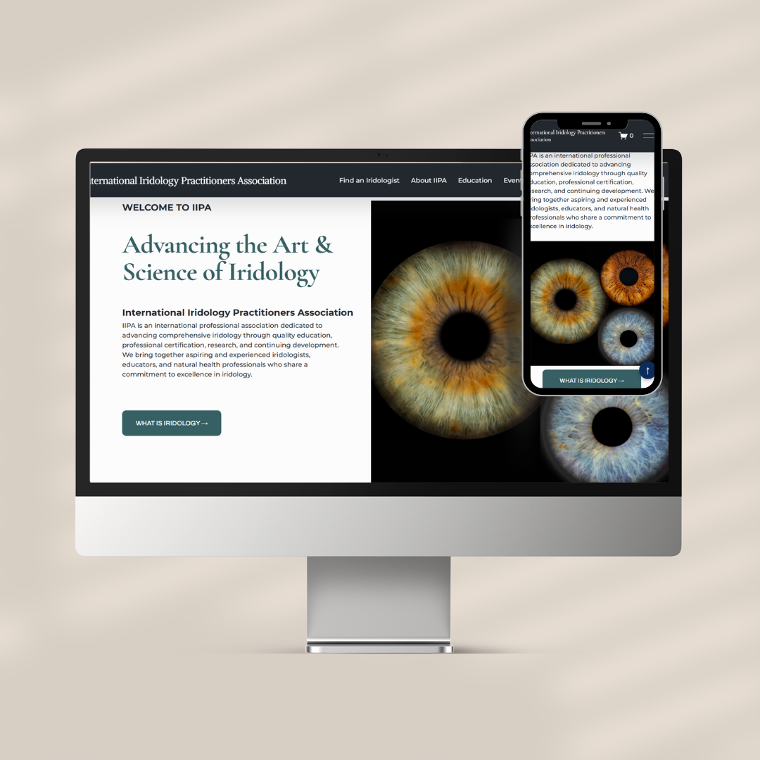 Squarespace website designed by Beth Hovis for the International Iridology Practitioners Association, shown in desktop and mobile views.