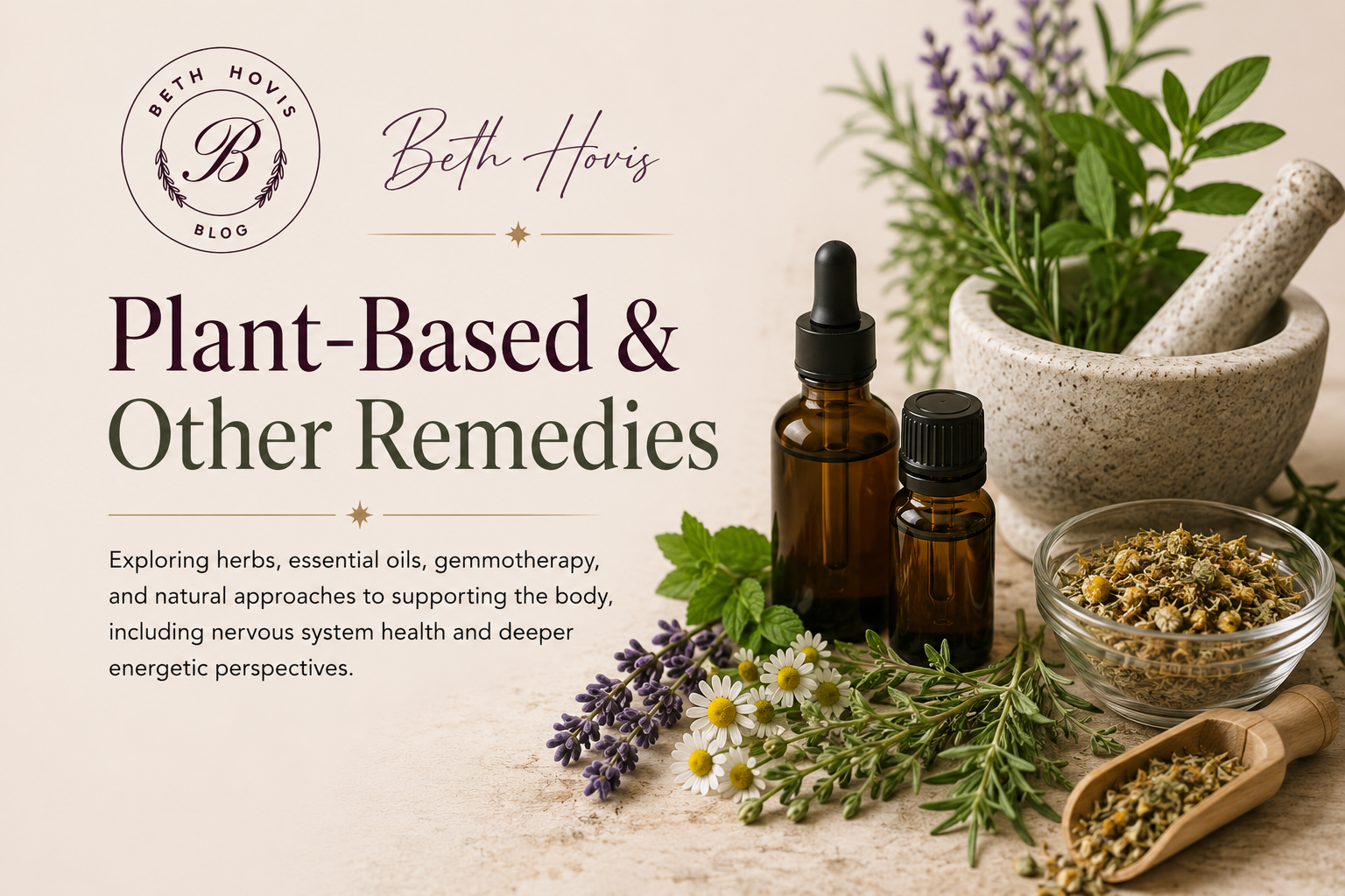 Natural remedies blog section image featuring herbs, essential oils, gemmotherapy, botanical ingredients, and wellness tools arranged in a warm, earthy setting.