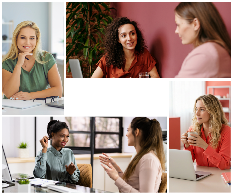 Collage of women in welcoming office settings, including wellness professionals talking with clients and working at laptops.